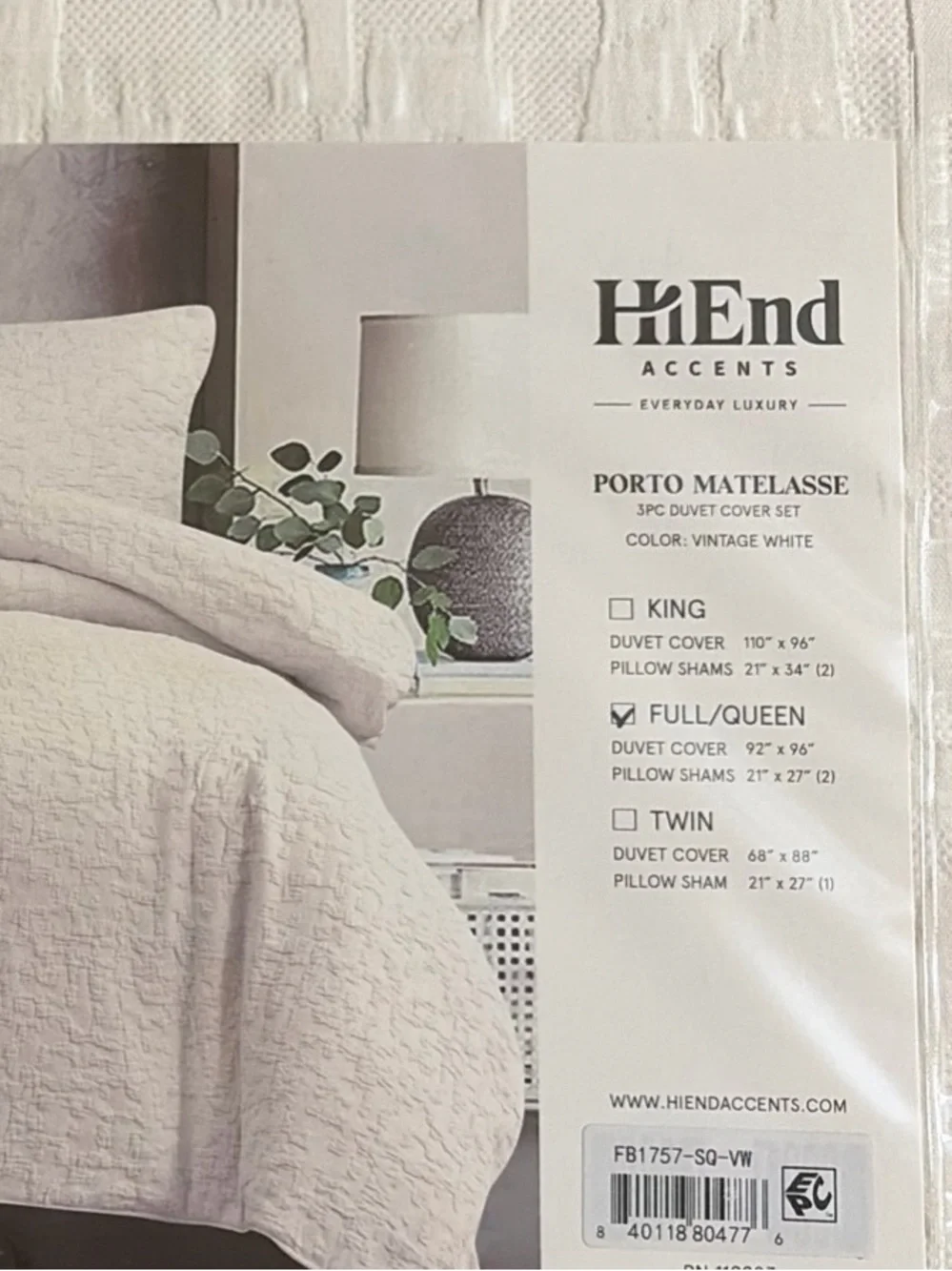 HiEnd Accents Porto Matelassé Textured 3 Piece Duvet Cover Set - Sz Full/Queen